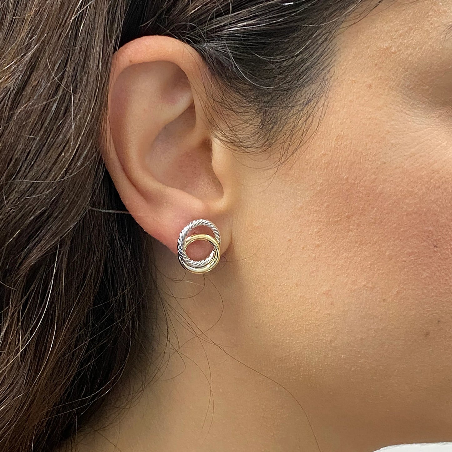 Italian 14k Yellow & White Gold Small Double Circle Stud Earrings