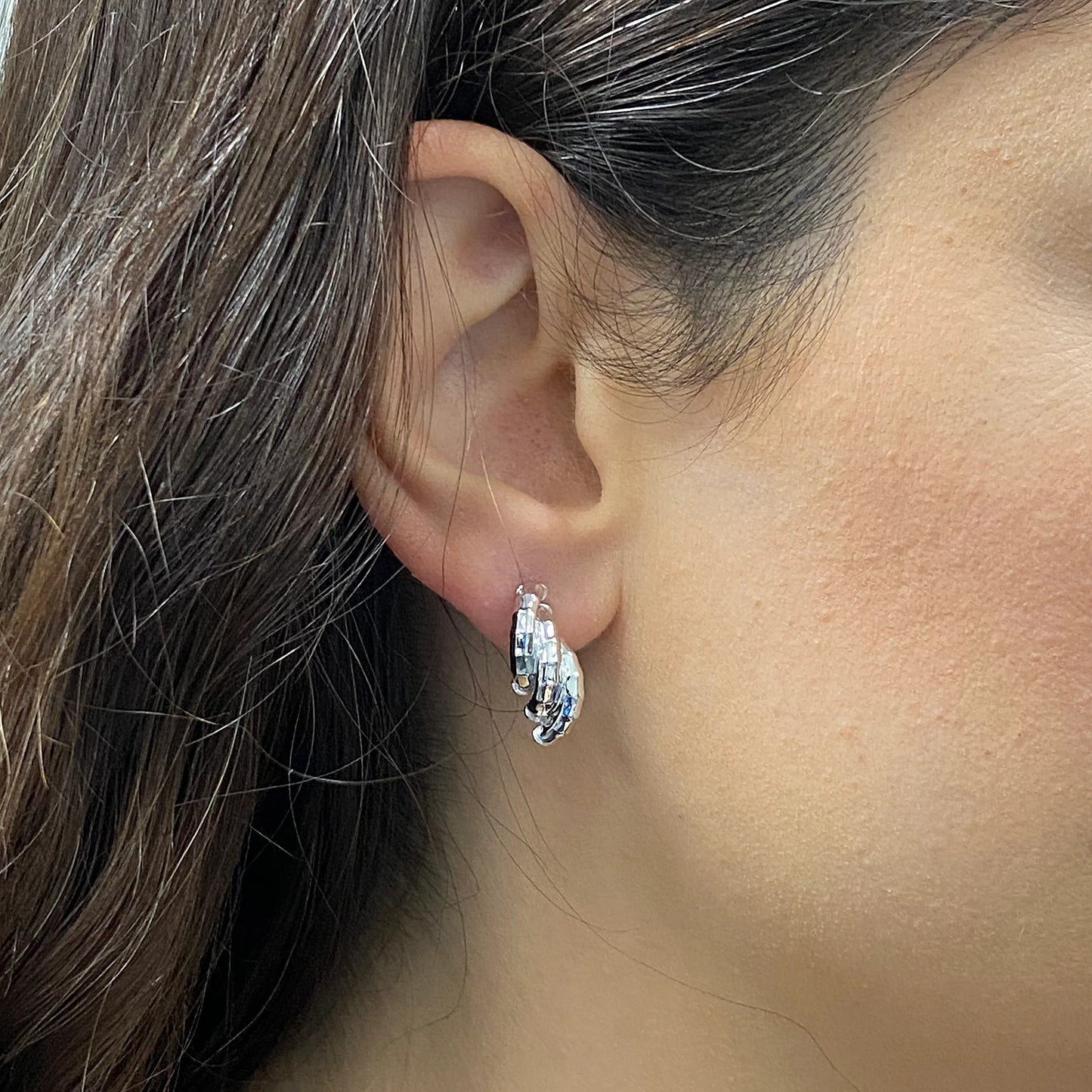 Italian 14k Gold Bamboo Texture Triple Macaroni Link Stud Earrings