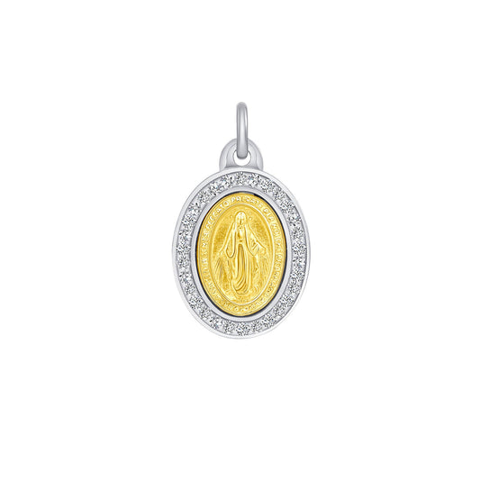 Silver 925 Yellow Gold Plated 2 Tone Swarovski Virgin Mary Pendant