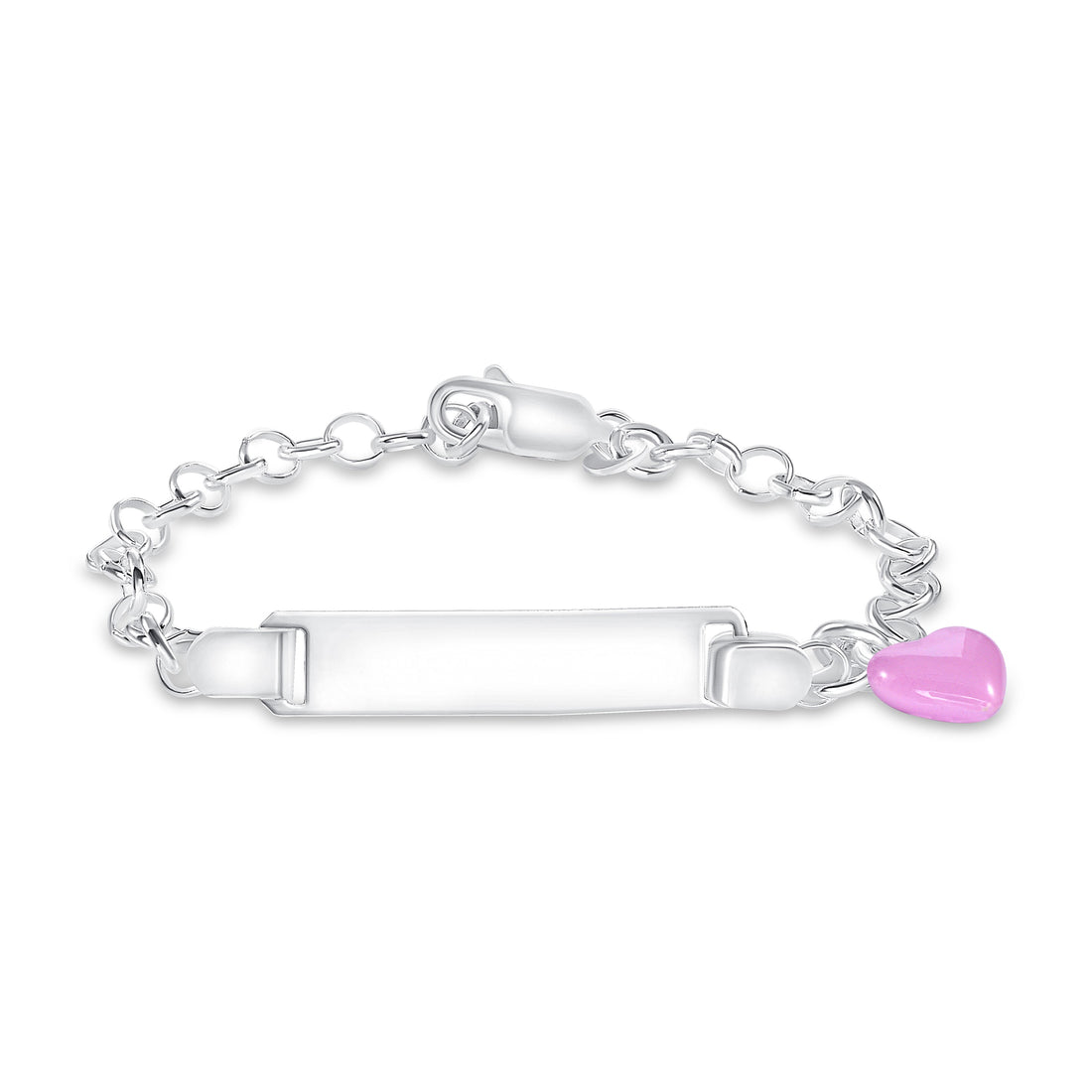 Silver Kids ID Pink Enamel Heart Bracelet