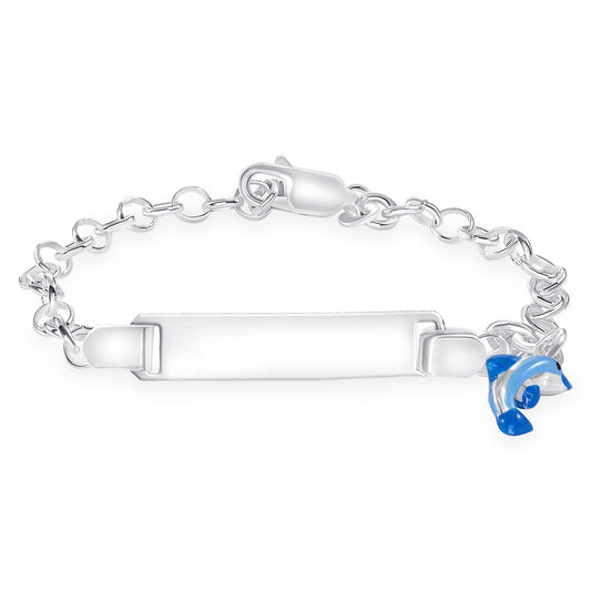 Silver Kids ID Blue Enamel Dolphin Bracelet