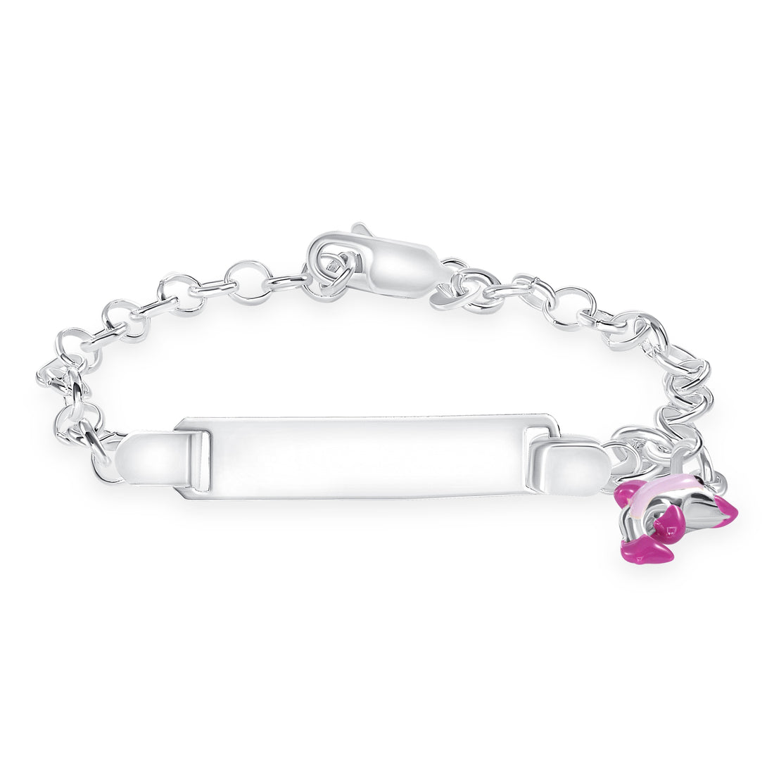 Silver Kids ID Pink Enamel Dolphin Bracelet