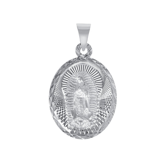 Silver 925 Virgin Mary and Jesus Christ Diamond Cut Oval Shape Pendant