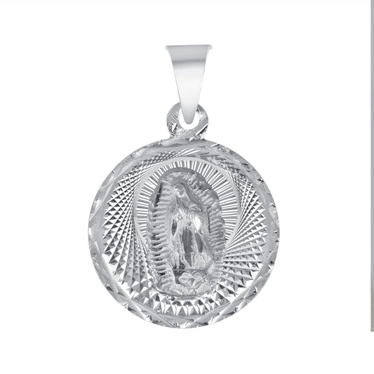 Silver 925 Virgin Mary and Jesus Christ Diamond Cut Round Shape Pendant