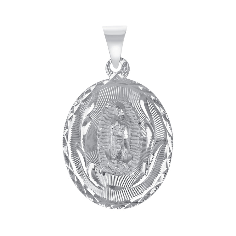 Silver 925 Virgin Mary and Jesus Christ Diamond Cut Oval Shape Pendant