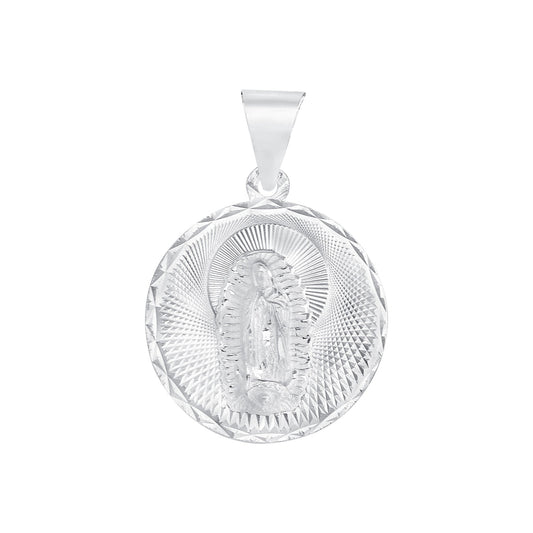 Silver 925 Virgin of Guadalupe Diamond Cut Round Pendant