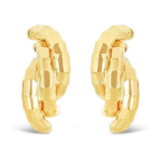 Italian 14k Gold Bamboo Texture Triple Macaroni Link Stud Earrings