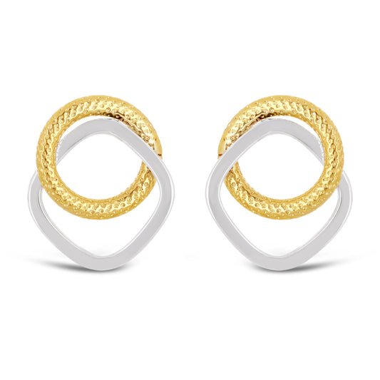 Italian 14k Yellow & White Gold Circle & Square Hoop Stud Earrings