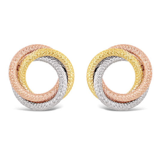 Italian 14k Tri-Color Gold Triple Eternity Love Knot Stud Earrings