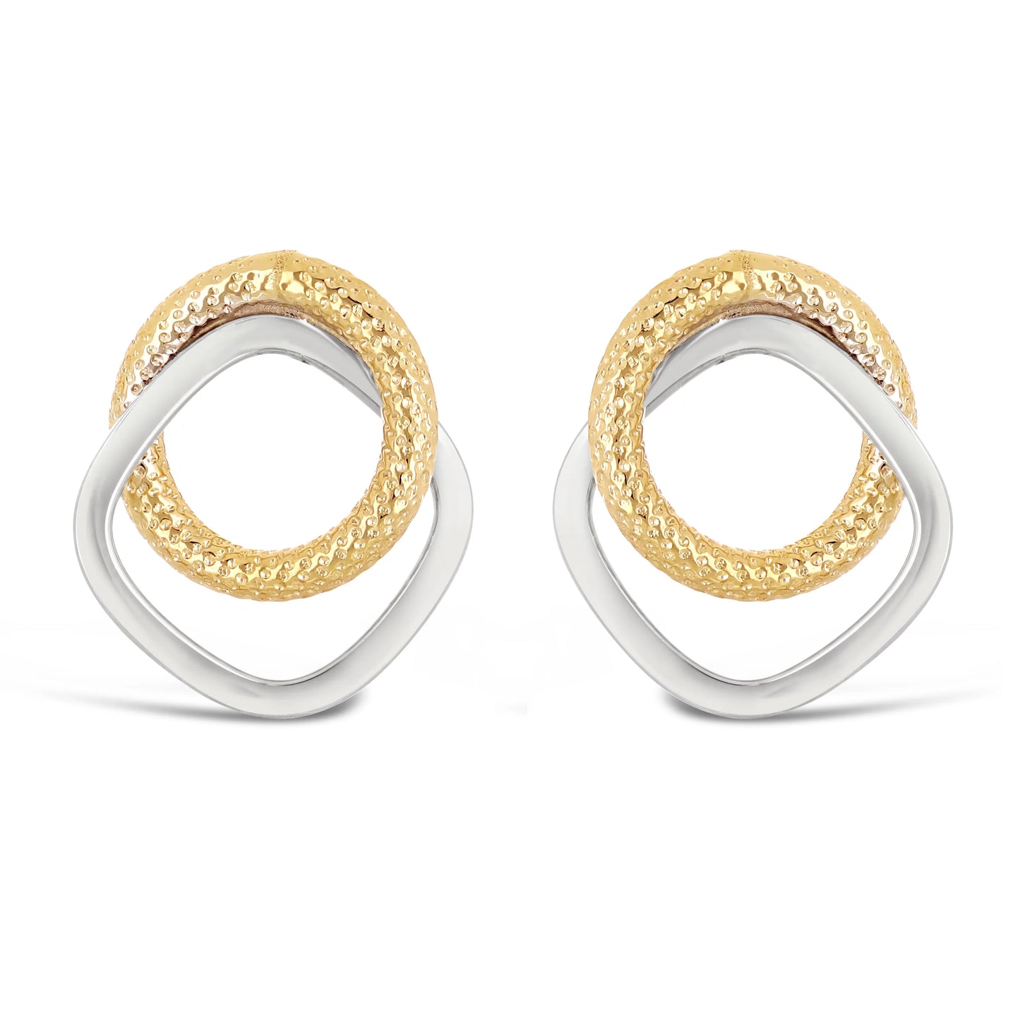 Italian 14k Yellow & White Gold Eternity & Square Double Hoop Stud Earrings