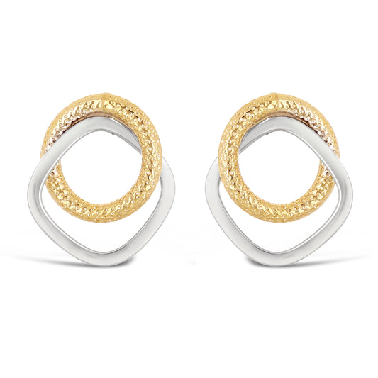 Italian 14k Yellow & White Gold Eternity & Square Double Hoop Stud Earrings